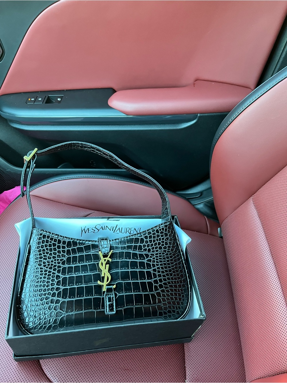 Yves Saint Laurent Black Croc-Embossed Shoulder Bag with Gold YSL